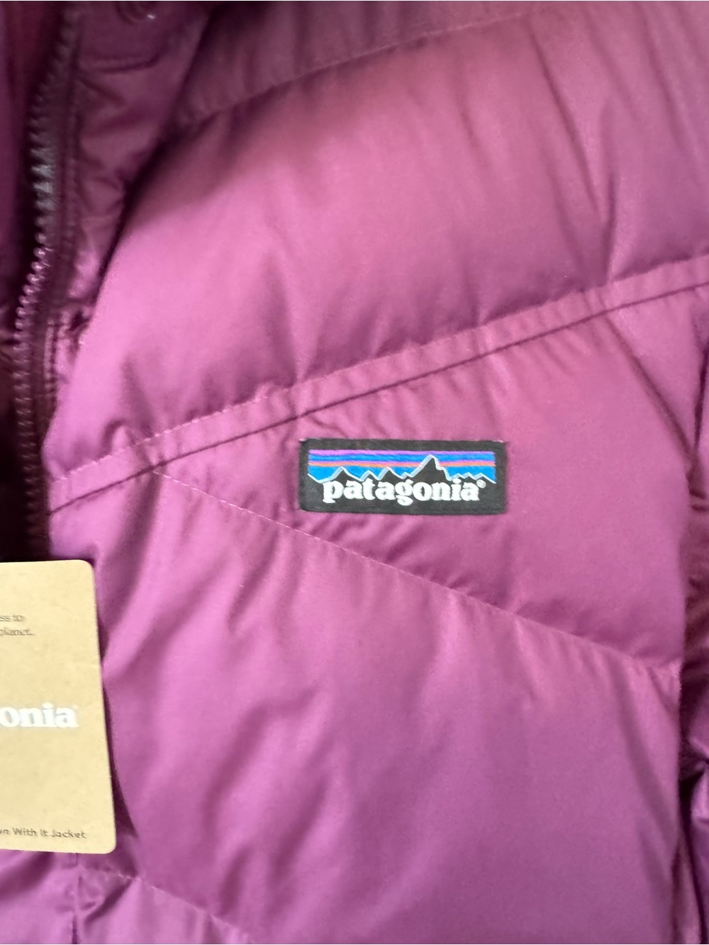 Patagonia Down With It Coat 600 Down Puffer Jacket Hooded Parka Plum Large NWT - Picture 2 of 10